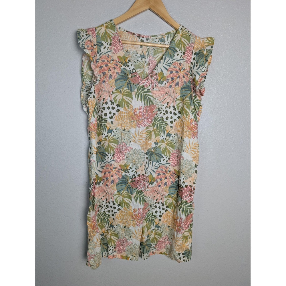 Dress Womens M Multicolor Knee Length Shift V-Neck Ruched Ruffle Linen